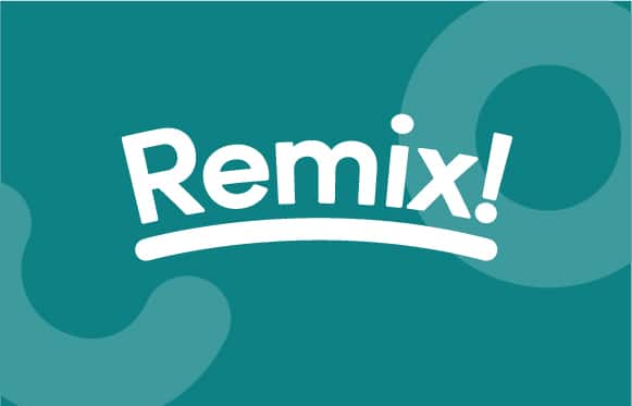 Remix! white text logo blue background