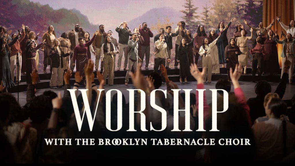 Brooklyn Tabernacle Choir worshipping on stage during concert in sanctuary and Worship with the Brooklyn Tabernacle Logo