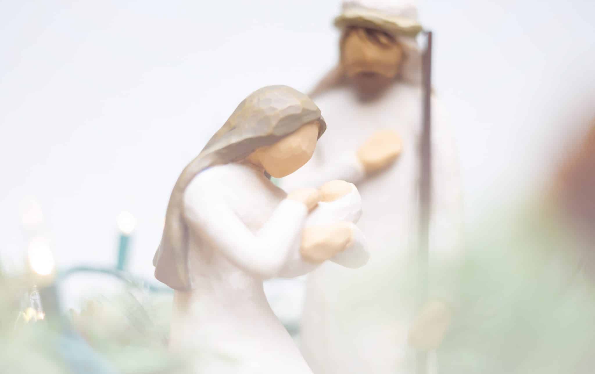 Nativity scene with Mary, Joseph, and baby Jesus in a manger